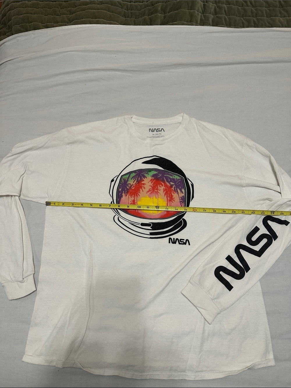 NASA White Long-Sleeve Tee with Tropical Helmet Graphic